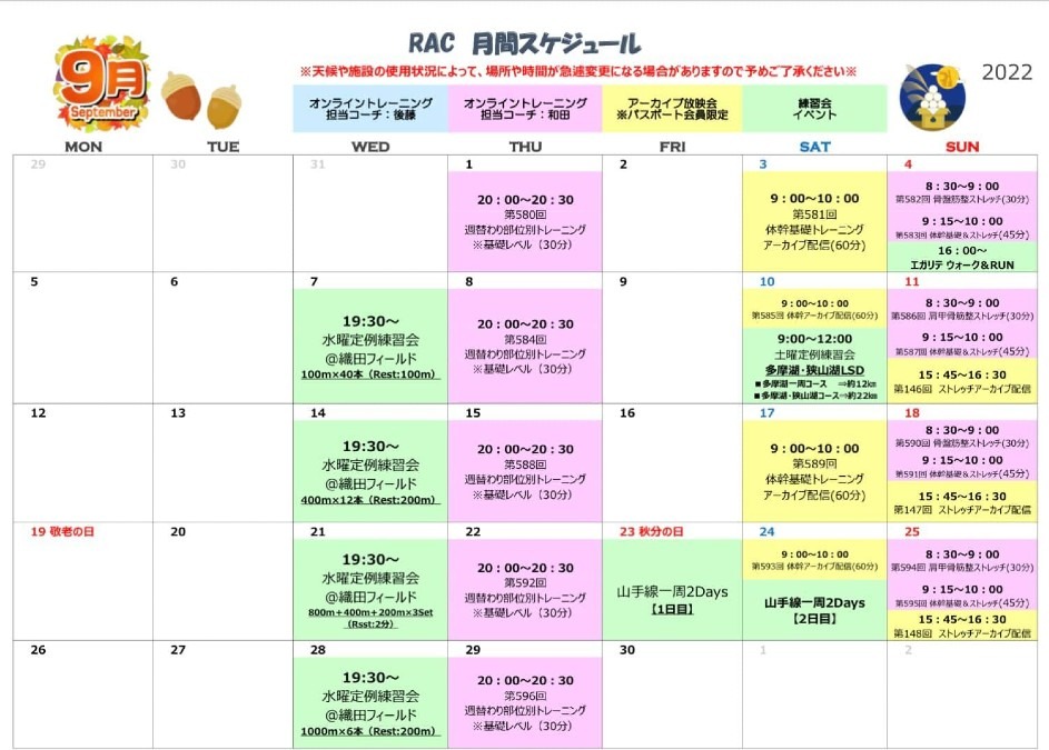 RAC 2022年 9月 スケジュール